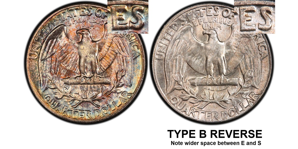 Side-by-side comparison of 1963 quarter Type A standard reverse vs Type B Reverse FS-901 showing E-S spacing difference