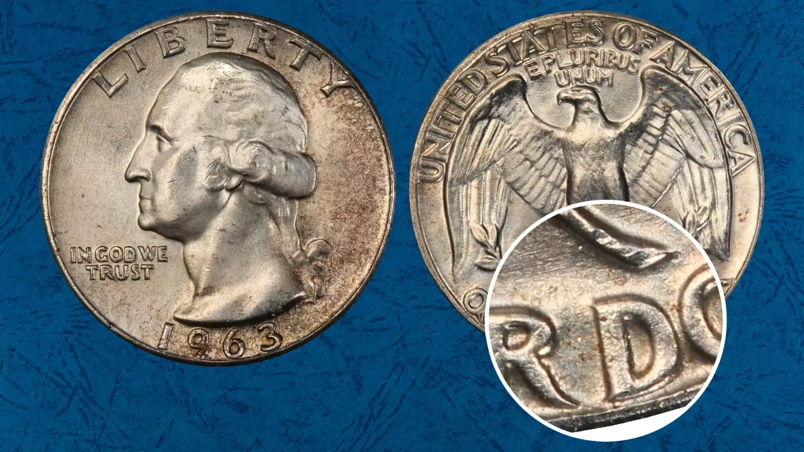 1963 quarter DDR FS-801 doubled die reverse close-up showing doubling in AMERICA lettering and eagle feathers
