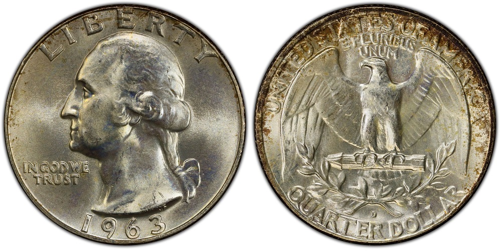 1963 Washington Quarter grading strip showing four condition tiers from worn Good-4 to circulated VF to uncirculated MS-63 to Gem MS-65